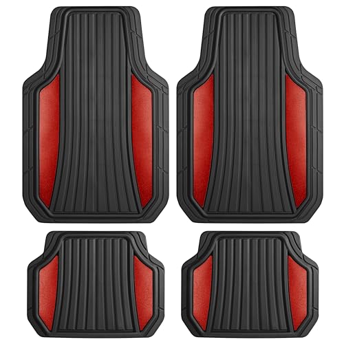 Motor Trend ChromeTech Car Floor Mats Full Set - Durable Rubber Floor Mats for Cars with Two Tone Accent, All Weather Interior Protection for Front and Rear with Non-Slip Backing, Red Chrome - color: Black & Red