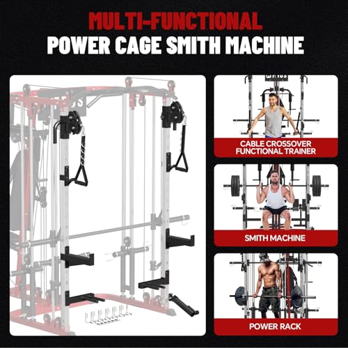 All in One Home Gym System Workout Station, Multi-Function Smithe Machine Power Cage with Cable Crossover System, Tripe-Sided Independent Load Posts, Functional Trainer for Full Body Training - color: Red, style: Home Gym Station