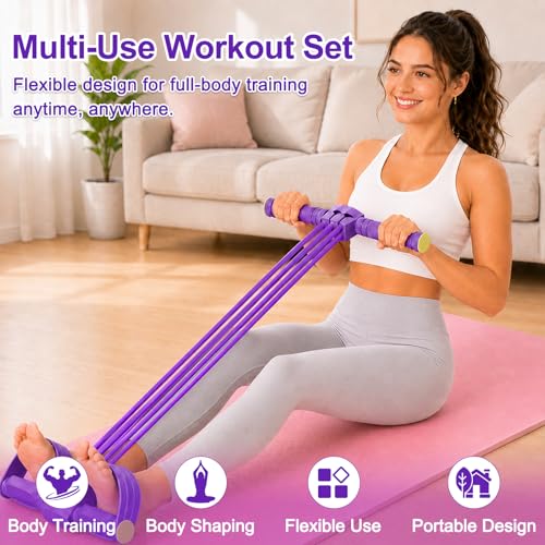 Pedal Resistance Band with Handle & Foot Pedal Resistance Band, 6-Tube Detachable Adjustable Thai Natural Rubber Band for Abs, Arms, Waist & Legs, Home Workout Equipment - color: purple