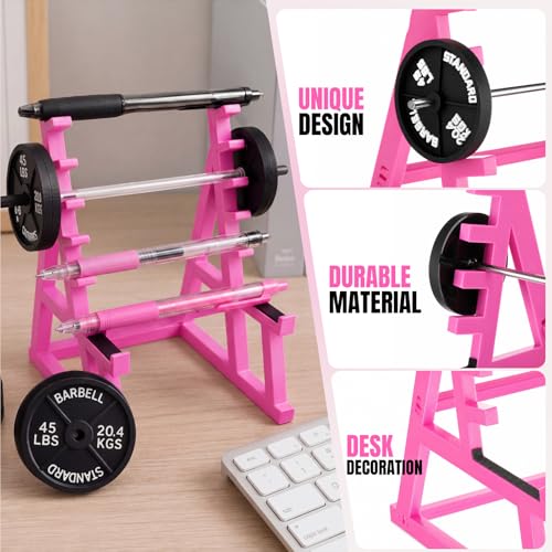 Gerrii Barbell Rack Pen Holder Squat Rack Pen Holder Hot Pink Mini Gym Design Fun Desk Decor with Weights & Barbells, Gift Cards for Gym Lovers Weightlifting Fans Trainers Office Decor