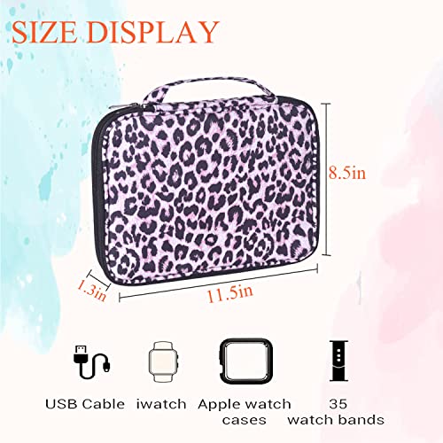 Watch Band Storage Case Watch Band Organizer Bag Watch Band Case and Storage Holder Watch Bands Holder Carrying Case Compatible with 35 Watch Straps and Accessories - color: Pink Leopard