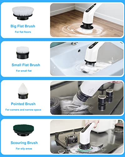 Leebein Electric Spin Scrubber, Cordless Cleaning Brush with 8 Replaceable Brush Heads, Tub and Floor Tile 360 Power Scrubber Dual Speed with Adjustable & Detachable Handle for Bathroom Kitchen Car - color: White