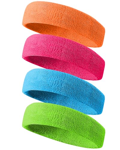 Tanluhu Sweatbands Sport Headbands for Men & Women,Terry Cloth Sweat Band for Tennis, Running, Basketball, Working Out, Exercise- Athletic Sweat Cotton Headband Outdoor - color: Green/LTBlue/Hotpink/Orange