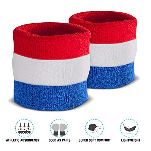 Suddora Striped Sweatband Set, Moisture Wicking 2 Wristbands and 1 Headband, Breathable Athletic Sweat Bands for Sports, Costumes & Cosplay, Matching Bands to Wear with Jersey - color: Red White and Blue