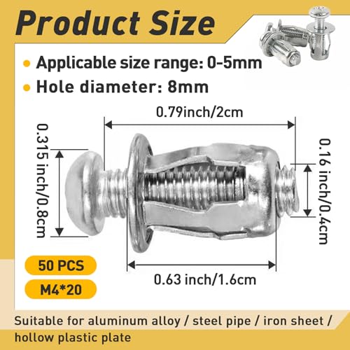 50Pcs M4 x 20 Hollow Door Anchor Set, Hollow Metal Cavity Fixing Wall Anchors for Aluminium cladding Sheet Steel Pipe, Iron Sheet, Plastic Sheet(8 * 16MM) - color: M4 x 50(8*16MM)