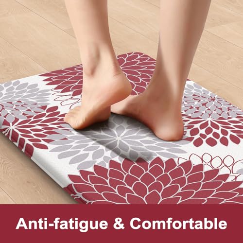 KIMODE Anti Fatigue Kitchen Mat 17.3"x29", Farmhouse Dahlia Padded Kitchen Floor Mats Non Slip, Waterproof Kitchen Mat for Floor, Comfort Standing for Laundry, Office, Sink, Desk Red and Grey - color: Red, size: 29"L x 17.3"W x 0.5"Th