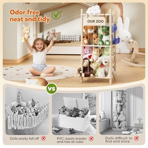 Dayacoco Stuffed Animal Storage, 2 Layer Wood Stuffed Animal Organizer Zoo, Toy Stuffy Storage Bin with Elastic Band and Net for Nursery Play Room Bedroom (Pine Wood) - size: 2 Tiers Without Wheels