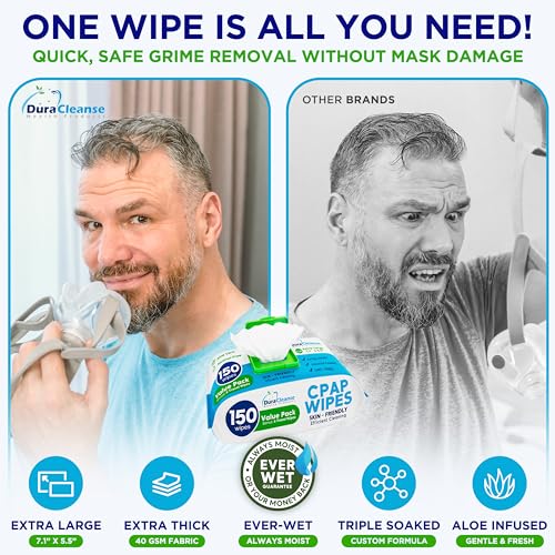 Dura Cleanse CPAP Mask Cleaning Wipes - 4 Pack, 4x150 Count + 24 Travel Sheets - Extra Large and Moist Cleaning Wipes for Full Face, Nasal Masks, CPAP Machines & Supplies - Skin Safe with Aloe Vera - size: 150 Count (Pack of 4)