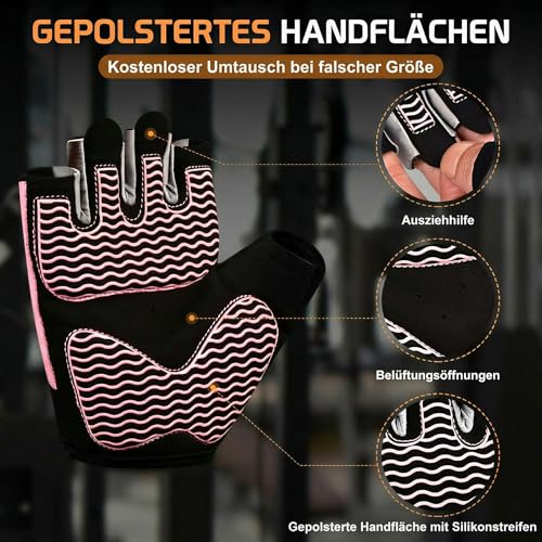 sunnex Workout Gloves for Women - Breathable Weight Lifting Gloves with Non-Slip Silicone Padding, Fingerless Gym Gloves for Cycling, Rowing, Pull Ups & Training (4 Sizes) - color: JS-PINK, size: Medium