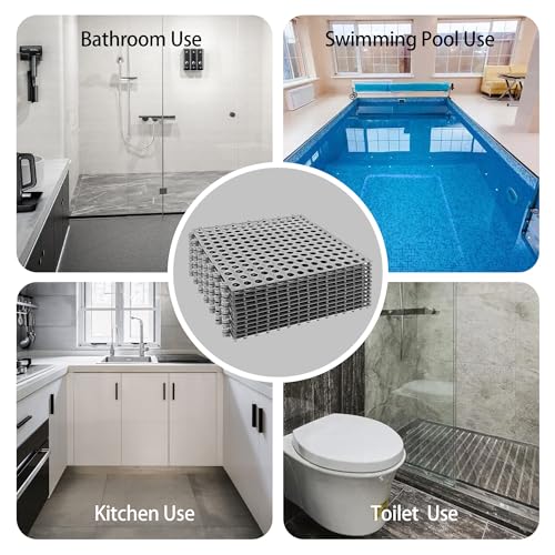 12Pack 12" x 12", Interlocking Rubber Floor Tiles Soft PVC Non-Slip Tile Splicing Shower Mat Outdoor Cushion Mat for Bathroom, Deck, Drain, Pool, Patio, Balcony, Kennel Grey