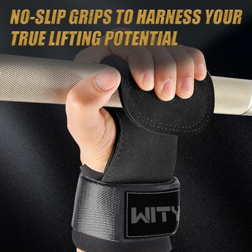 Weight Lifting Wrist Strap, Weightlifting Grip Strap for Gym Deadlifts, Powerlifting, Heavy Shrug, Pull Ups, Three Layer Leather Adjustable Training Accessory Gifts for Men Women Dad Him - color: Black