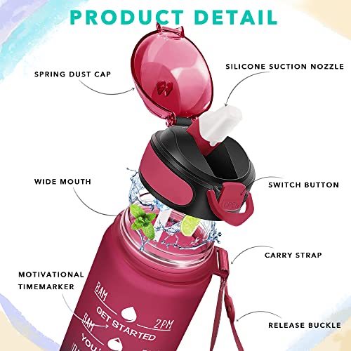 Enerbone 32 oz Drinking Water Bottle with Times to Drink and Straw, Motivational with Carrying Strap, Leakproof BPA & Toxic Free, Ensure You Drink Enough Water for Fitness Gym Outdoor - color: Red Blue