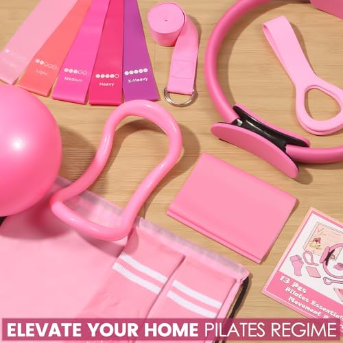 Pilates Kit for Women 13PCS, Pilates Ring Ball Resistance Bands Workout Set | Pilates equipment set for women and beginners, at home pilates kit for mat workouts, toning, stretching and strength training - color: Pink