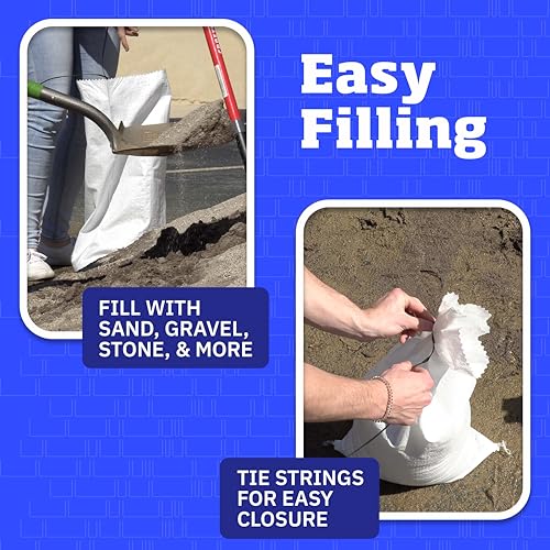DURASACK Heavy Duty Sandbags with Ties, 14x26, Empty, White, Pack of 20 | Woven Polypropylene Sandbags for Flood Control with 1600 Hours of UV Protection, 50 lbs Capacity - color: White, size: 20 Sandbags
