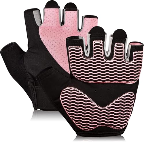 sunnex Workout Gloves for Women - Breathable Weight Lifting Gloves with Non-Slip Silicone Padding, Fingerless Gym Gloves for Cycling, Rowing, Pull Ups & Training (4 Sizes) - color: JS-PINK, size: Medium