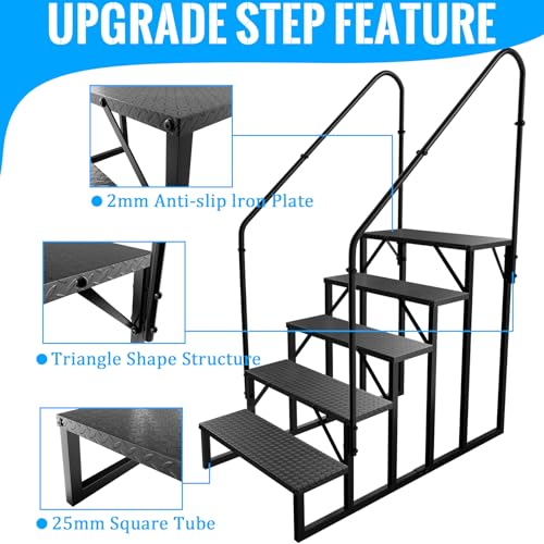 RV Stairs 5 Step Ladder, RV Steps Anti-Slip, Hot Tub Steps with Handrail, 660 lbs RV Ladder for 5th Wheel RV, Mobile Home Stairs（2 Handrails - style: 5 handrails Step