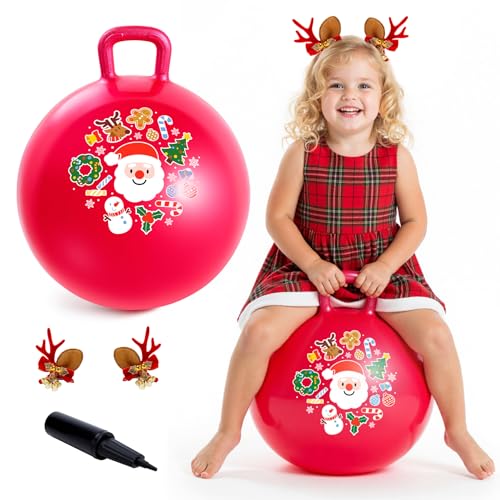 Hopper Ball for Kids 18In Sit On Bouncy Balls with Handle for Indoor Outdoor Active Play, Red Christmas Inflatable Boys Girls Gifts for 4 5 6 7 8 Years Old with Christmas Reindeer Ears - color: Red Christmas, size: Age:4-8(18''/45cm)