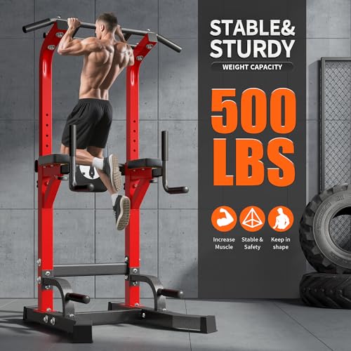 soges Power Tower Pull Up Bar Dip Station, All in One Free Standing Pull Up Bar for Home Gym with 7-Level Height Adjustable, Multi-Function Power Racks Strength Training Equipment, 330 lbs Capacity - color: Red