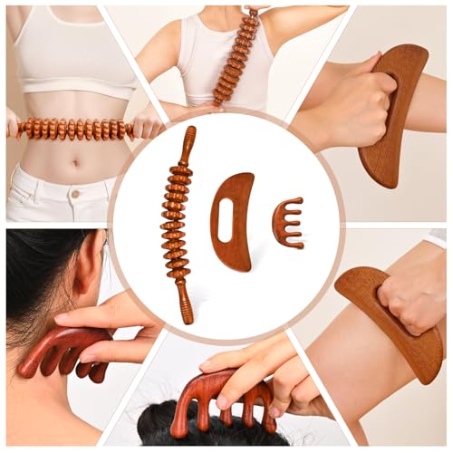 3-in-1 Wood Therapy Massage Tools Wooden Gua Sha Lymphatic Drainage Massager Body Sculpting Tools, Maderoterapia Kit, Anti-Cellulite - style: Massage Set