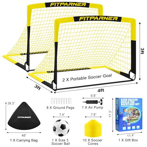 Kids Soccer Goals for Backyard Set - 2 Pack of Portable Pop Up Soccer Nets with Ball,Cones,Complete Training Equipment Kit for Toddler,Youth,Kids Age 3-14,Outdoor Sports Game - color: Yellow Black, style: 4x3FT