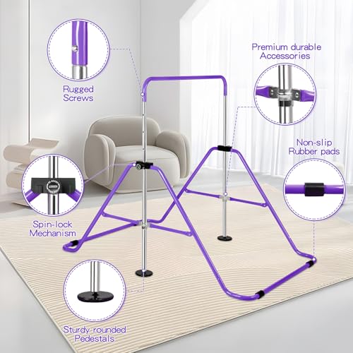 Expandable Gymnastics Bars with Ring, Adjustable Height Gymnastic Horizontal Bars, Gym Junior Training Bar Children Folding Training Monkey Bars for Kids - color: Purple