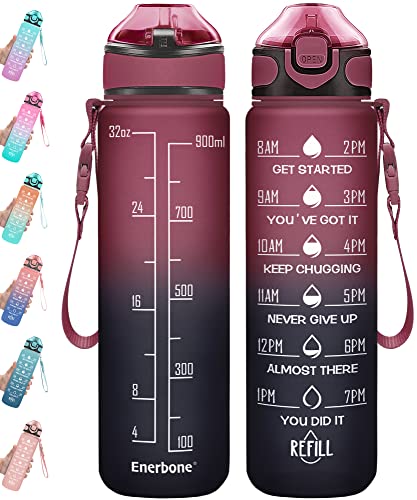 Enerbone 32 oz Drinking Water Bottle with Times to Drink and Straw, Motivational with Carrying Strap, Leakproof BPA & Toxic Free, Ensure You Drink Enough Water for Fitness Gym Outdoor - color: Red Blue