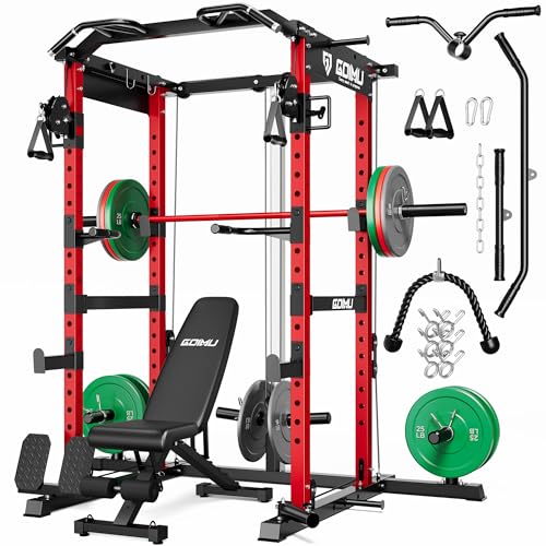 RH01 Power Cage Rack, 2000LBS Squat Rack with with Cable Crossover System&LAT Pull Down System, Multi-Function Workout Cage for Home&Garage Gym - color: Red, size: RH01 Power Cage with 220LB C Weights