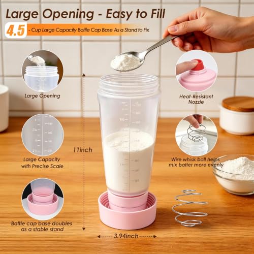 Pancake Batter Dispenser Bottle Kit with 7 Accessories, 1000ml Silicone Squeeze Pancake Mixer Bottle with Whisk Ball and Stand Base, Pancake Shaker Bottles for Cupcakes Muffins Waffle (2pack) Pink - color: Pink
