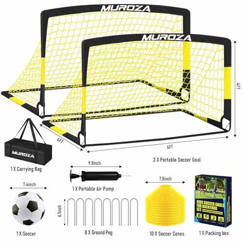 Soccer Goal, Kids Soccer Goals for Backyard Set, 2 Pack of Portable Pop Up Soccer Net with Soccer Ball, Cones, Complete Training Equipment for Youth, Toddler Outdoor Sports Games - color: Black Yellow, style: 6 ft x 4 ft