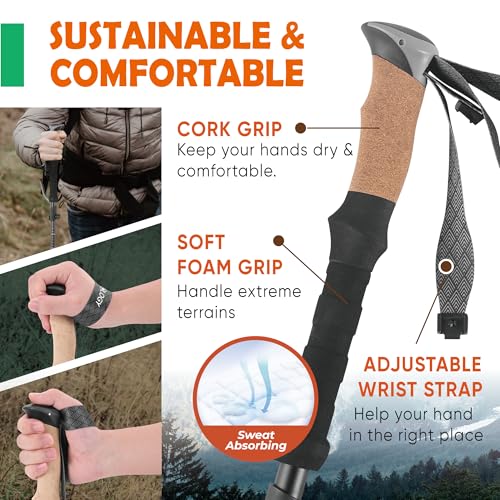 TREKOLOGY Trek-Z Cork Grip Trekking Poles – Lightweight Folding Hiking Poles, Adjustable Height, Compact Travel Design, Aircraft-Grade Aluminum Walking Sticks for Men & Women - color: Black with Green
