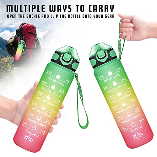 Enerbone 32 oz Drinking Water Bottle with Times to Drink and Straw, Motivational with Carrying Strap, Leakproof BPA & Toxic Free, Ensure You Drink Enough Water for Fitness Gym Outdoor - color: Green Red
