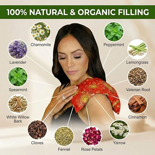 Nature's Approach Basic Herb Pack Heating Pad, Red | 12-herb aromatherapy rice & flaxseed fill for hot or cold therapy on neck, back, shoulders & more - style: Celestial Red