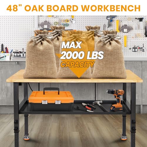 48"/60'' Adjustable Workbench, Rubber Wood Top Work Bench | Heavy-Duty Work Table w/ Power Outlet, Partition ,2000 LBS Load Capacity Work Benches for Garage, Workshop - size: with socket and partition, 48