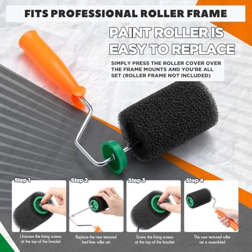 9 Pcs Textured Paint Roller Kit, 4 Inch Bed Liner Roller Covers with Frame for Truck Coatings and Non-Slip Surfaces