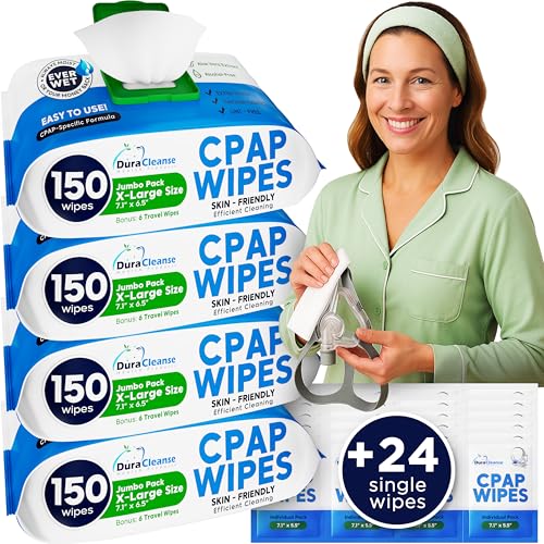Dura Cleanse CPAP Mask Cleaning Wipes - 4 Pack, 4x150 Count + 24 Travel Sheets - Extra Large and Moist Cleaning Wipes for Full Face, Nasal Masks, CPAP Machines & Supplies - Skin Safe with Aloe Vera - size: 150 Count (Pack of 4)