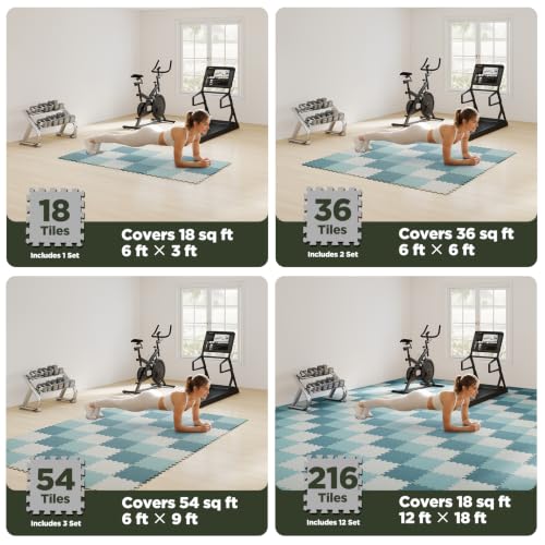 AIRHOP 18 PCS Gym Floor Mat, EVA Foam Puzzle Gym Mat, High-Density Interlocking Foam Floor Tiles for Home Gym, Play Workout Garage Kitchen Flooring 12.6"x12.6"x0.4" - color: Ivory + Navy + Sky Blue Mix Set, size: 18 Tiles | 18 Sq Ft
