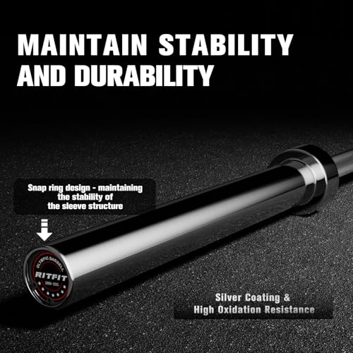RitFit Elite 7ft Olympic Barbell, Robust 45lb Barbell for Weightlifting and Powerlifting, Superior Olympic Bar with Exceptional 500lbs Load Capacity, Weight Bar for 2” Standard Plates - color: Silver, size: 7 ft 1200 lb 45 lb without Collar