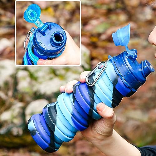 Collapsible Water Bottles Travel water bottle Sports Portable Sport Water Bottle Reusable Water Bottles comes with mountaineering Buckle 500ml silicone Water-proof camping water bottle - color: Green+Light grey, style: 2 pack