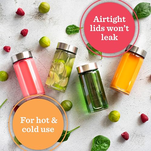 Juice Bottles - 4 Pack Wide Mouth Glass Bottles with Lids - for Juicing, Smoothies, Beverage Storage - 10oz Glass Water Bottles, BPA Free, Stainless Steel Lids, Leakproof, Reusable, Borosilicate - size: 10 oz