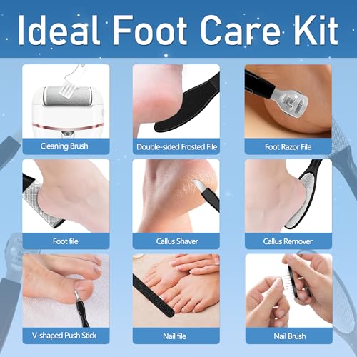 Callus Remover for Feet, Electric Foot Callus Remover Waterproof with 3 Rollers 2 Speed Battery Display,17 in1 Rechargeable Foot File Pedicure Kits for Dead Hard Cracked Dry Skin（White - style: White