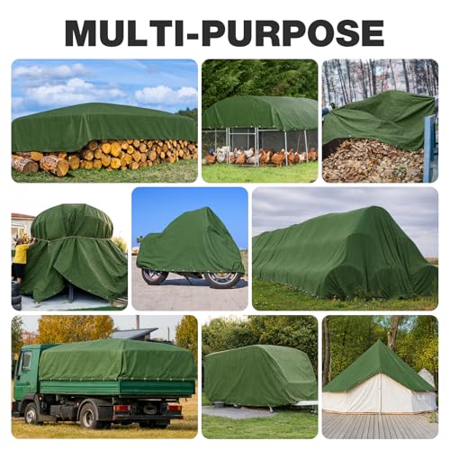 Winpull Heavy Duty Canvas Tarp 8x12 ft, 12oz (350 GSM) Polyester Canvas Water-Resistant Tarp with Rustproof Grommets, Tear-Resistant Outdoor Cover for Wood Piles, Camping, Trailer & Equipment - color: Green, size: 8'x12'