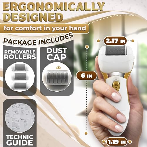 Electric Callus Remover for Feet – Electric Foot Filer with 3 Replacement Rollers & 360° Rotating Head – Hard Skin Remover for Feet with Ergonomic Handle for Easy Grip & Control in Home Pedicure - color: Gold Callus Remover
