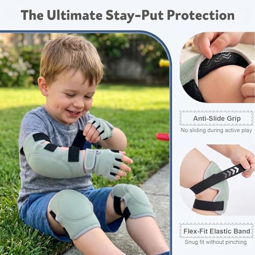 Soft Toddler Knee Pads and Elbow Pads Set with Bike Gloves | Non-Slip Toddler Knee Pads for Boys Girls 2-4 Years, Breathable Kids Protective Gear for Balance Bike, Scooter, Bicycle - color: Sage Green
