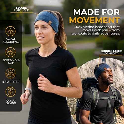 menique 100% Merino Wool Headband for Women Non Slip Stretchy Workout Sweatband Moisture Wicking Breathable Wide Hairband for Running Hiking Sport Gym Yoga Nurse Fashion (Black, One Size) - color: Denim