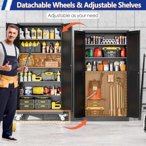 GAIOUS 73.6” Tall Metal Garage Storage Cabinet with Lock, Steel Tool Cabinet with 5 Adjustable Shelves, New Upgrade Lockable File Cabinet with Wheels, Organization for Home Office Garage Gym - Black - color: Black, size: 17.7"D x 35.4"W x 73.6"H