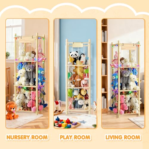 Stuffed Animal Storage Zoo Organizer Natural Pine Plushies Storage with Elastic Bands Vertical Wood Toy Holder Mesh Net Space Saving Design for Playroom Nursery Kids Bedroom - color: Wood Color Bee Square Board