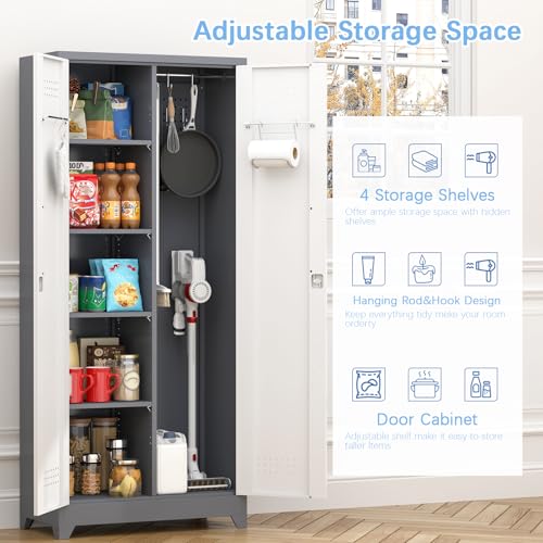 IRONFFICE Metal Storage Cabinets with Doors and Shelves,Tall Broom Closet Storage Cabinet with Pegboard,Utility Tool Cabinets,Steel Locking Cabinets for Home Office,Basement,Laundry,Grey-White - size: 72"H x 31.5"W x 15.74"D-Grey/white