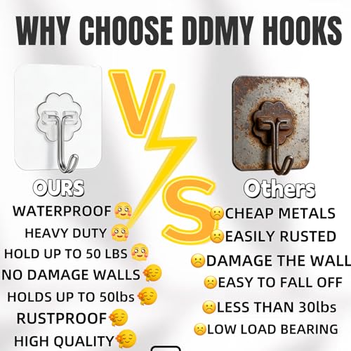 DDMY 100 Pack Heavy Duty Self Adhesive Hooks 50 lbs Transparent Reusable Sticky Wall Hooks for Hanging Waterproof Adhesive Hooks for Kitchen, Towel, Bathroom Shower, Office, and Outdoor No Damage - color: Transparent, size: 100 Pieces