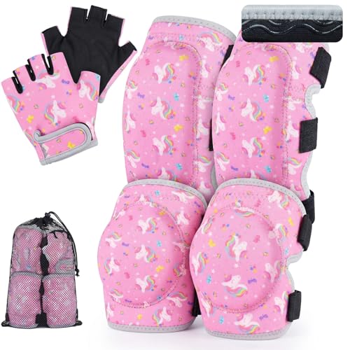 Soft Toddler Knee Pads and Elbow Pads Set with Bike Gloves | Non-Slip Toddler Knee Pads for Boys Girls 2-4 Years, Breathable Kids Protective Gear for Balance Bike, Scooter, Bicycle - color: Pink Unicorns