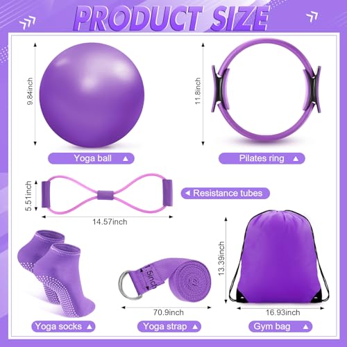 Poen 18 Pcs Home Pilates Ball and Ring Circle Set Yoga Fitness Essentials Kit with 5 Resistance Band Stretching Strap Non Slip Sock Ball Core Slider Wristband Headband Gym Bag for Women - color: Purple